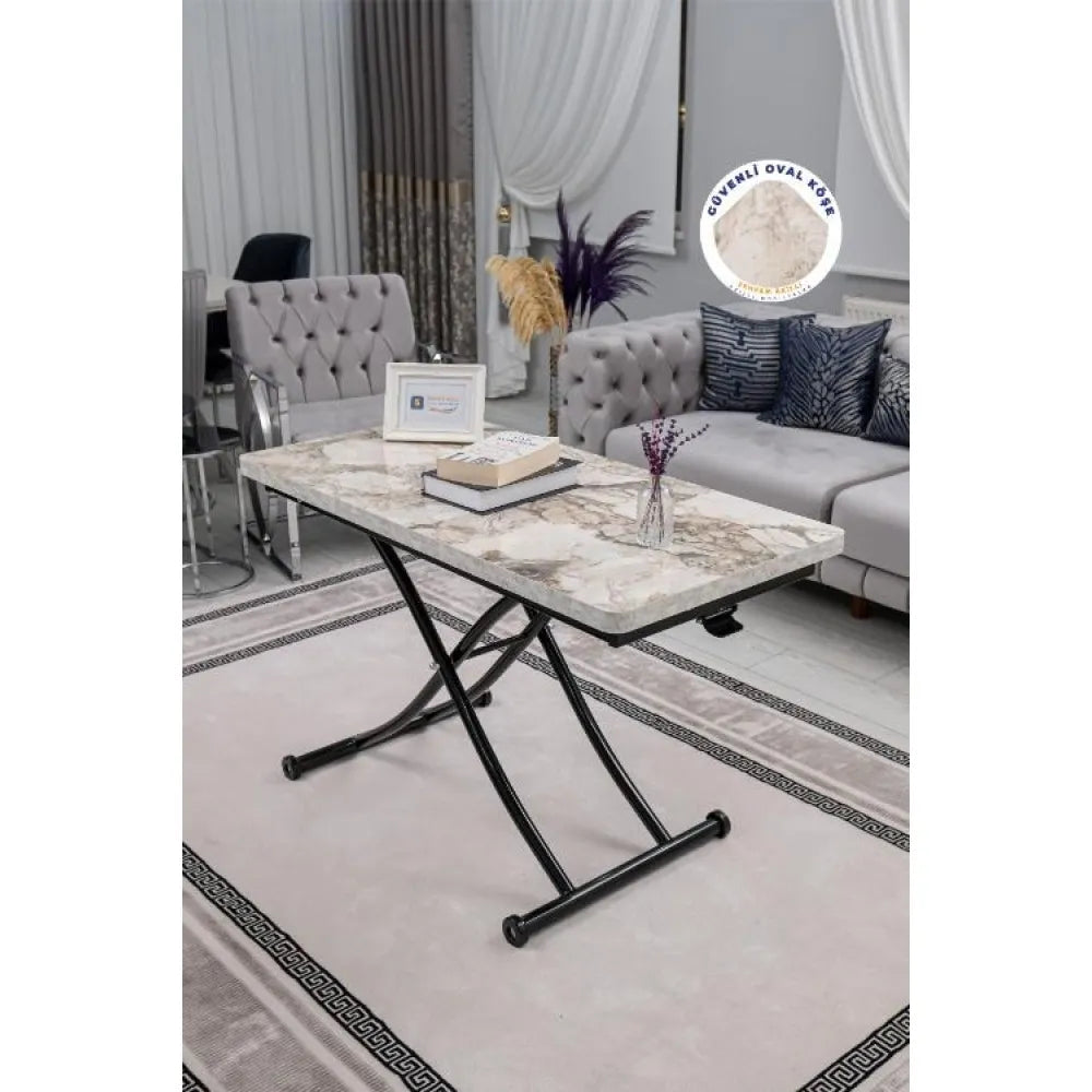 Juppo Üst Tabla Mdf Beyaz Mermer Oval Köşe Alt Ayak Yuvarlak Siyah İçe Kıvrım