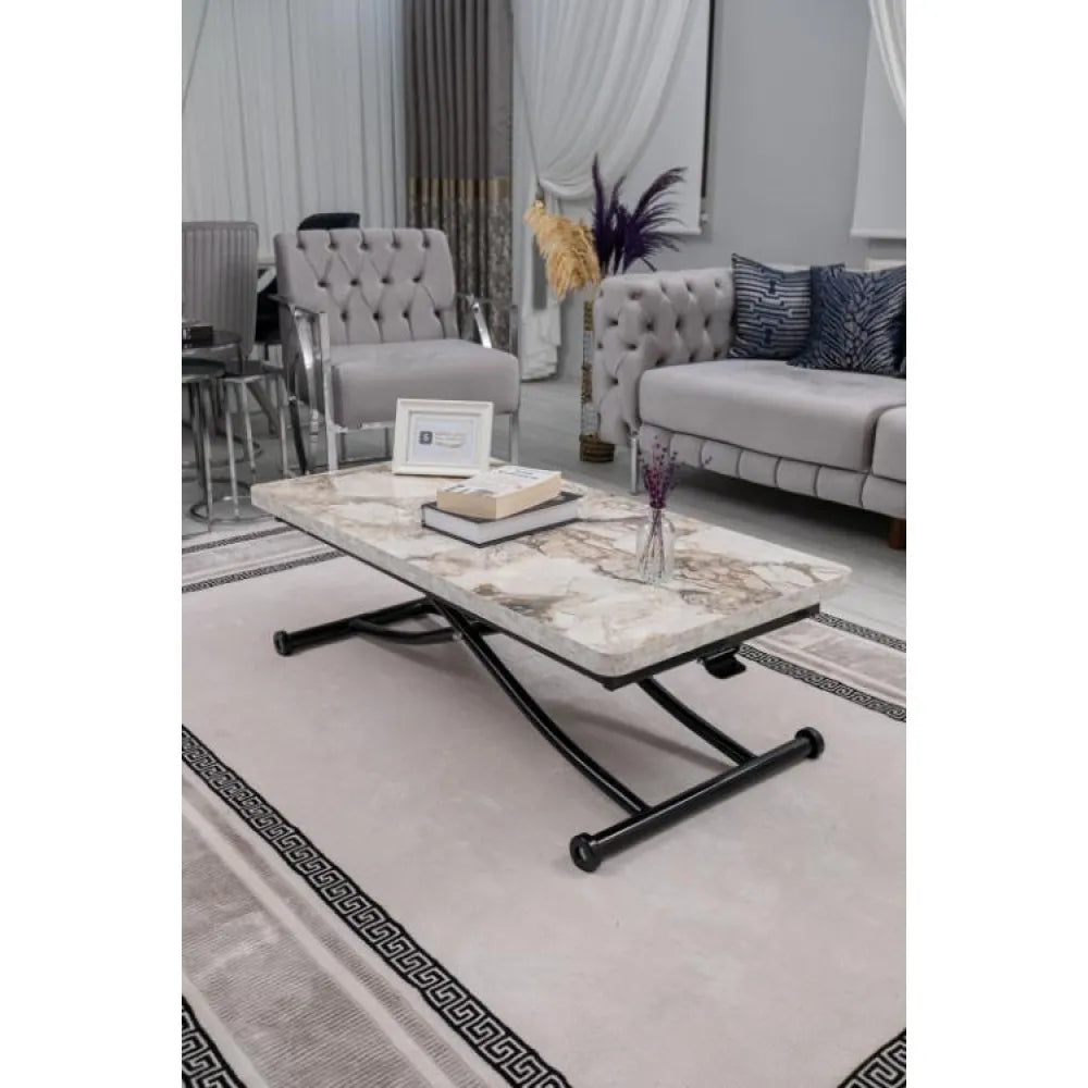 Juppo Üst Tabla Mdf Beyaz Mermer Oval Köşe Alt Ayak Yuvarlak Siyah İçe Kıvrım