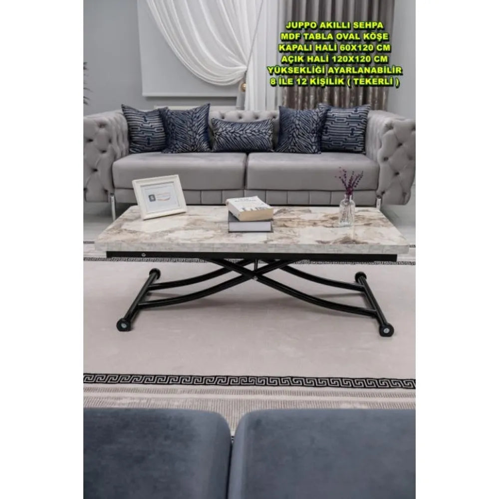 Juppo Üst Tabla Mdf Beyaz Mermer Oval Köşe Alt Ayak Yuvarlak Siyah İçe Kıvrım