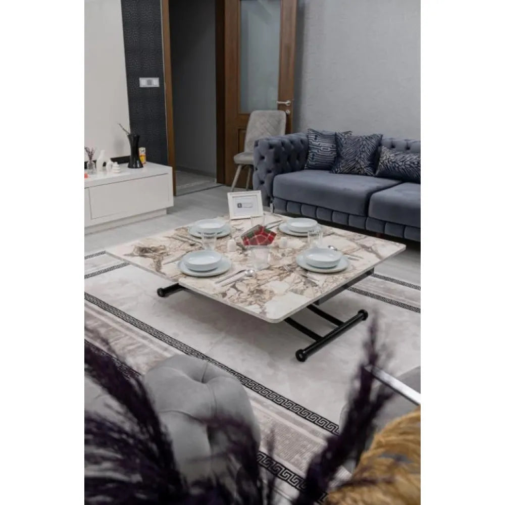 Juppo Üst Tabla Mdf Beyaz Mermer Oval Köşe Alt Ayak Yuvarlak Siyah İçe Kıvrım