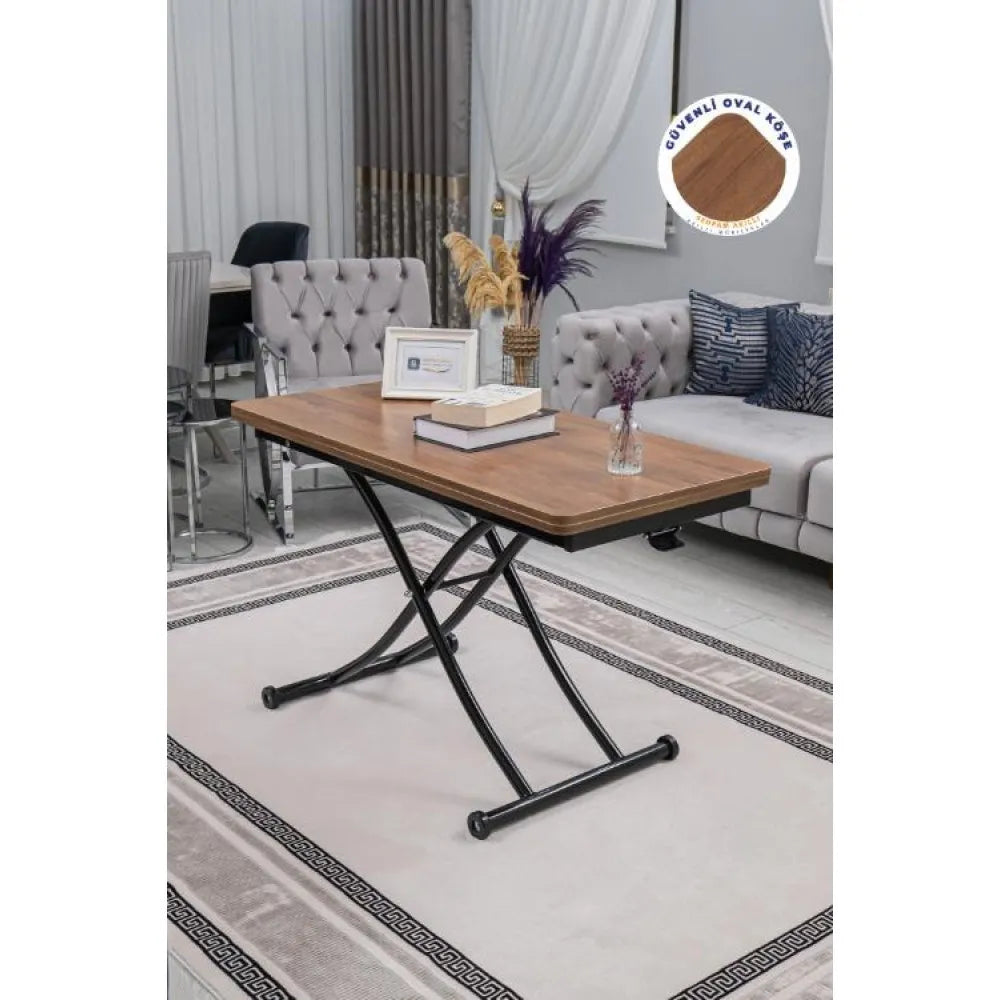 Juppo Üst Tabla Mdf Ceviz Oval Köşe Alt Ayak Yuvarlak Siyah İçe Kıvrım