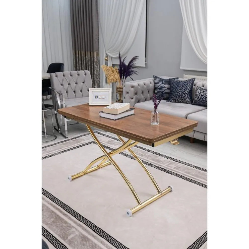 Juppo Üst Tabla Mdf Ceviz Oval Köşe Alt Ayak Yuvarlak Gold Kaplama Dışa Kıvrım