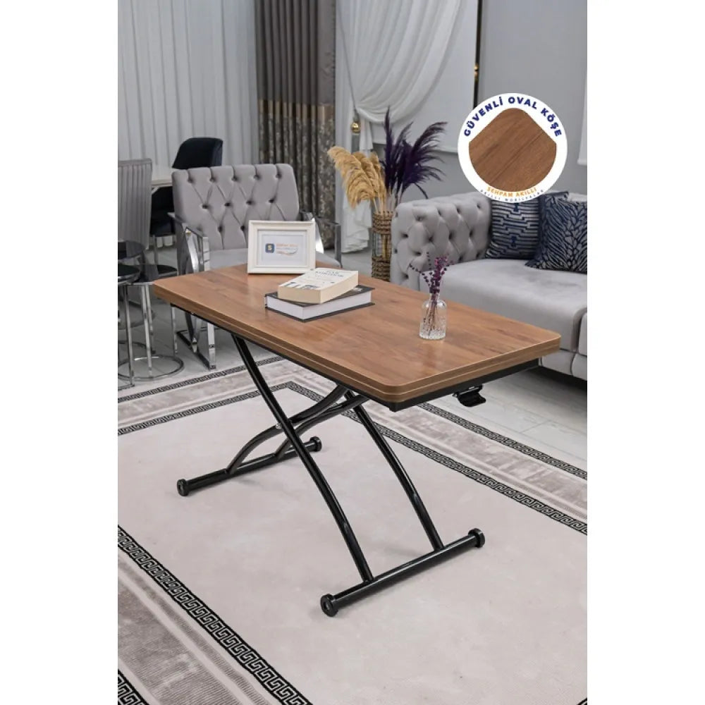 Juppo Üst Tabla Mdf Ceviz Oval Köşe Alt Ayak Yuvarlak Siyah Dışa Kıvrım