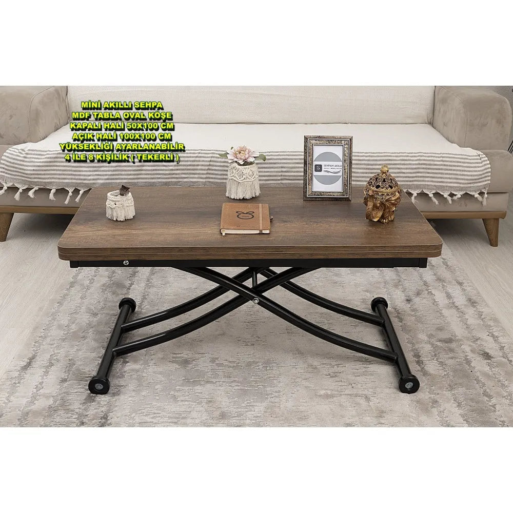 Mini Juppo İçe K Akıllı Sehpa Üst Tabla Mdf Barok Koyu Ceviz Oval Köşe Alt Ayak Siyah Renk