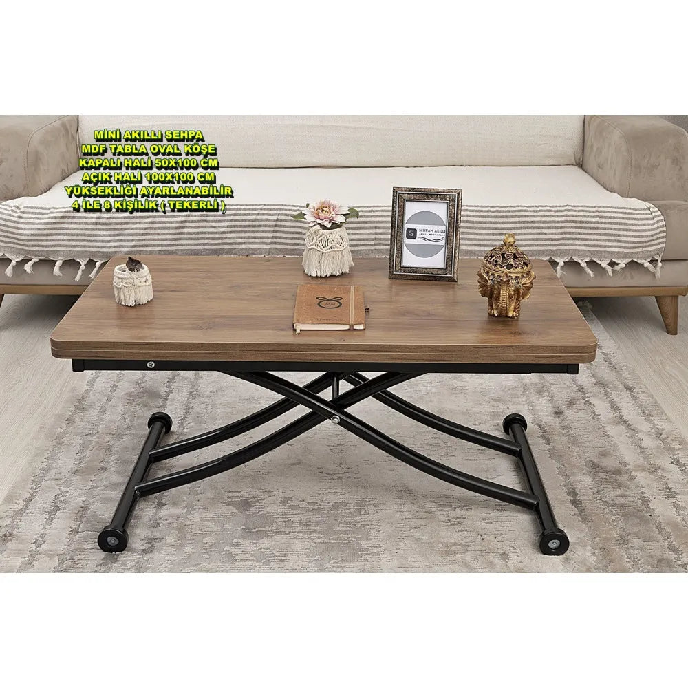 Mini Juppo İçe K Akıllı Sehpa Üst Tabla Mdf Ceviz Oval Köşe Alt Siyah Renk