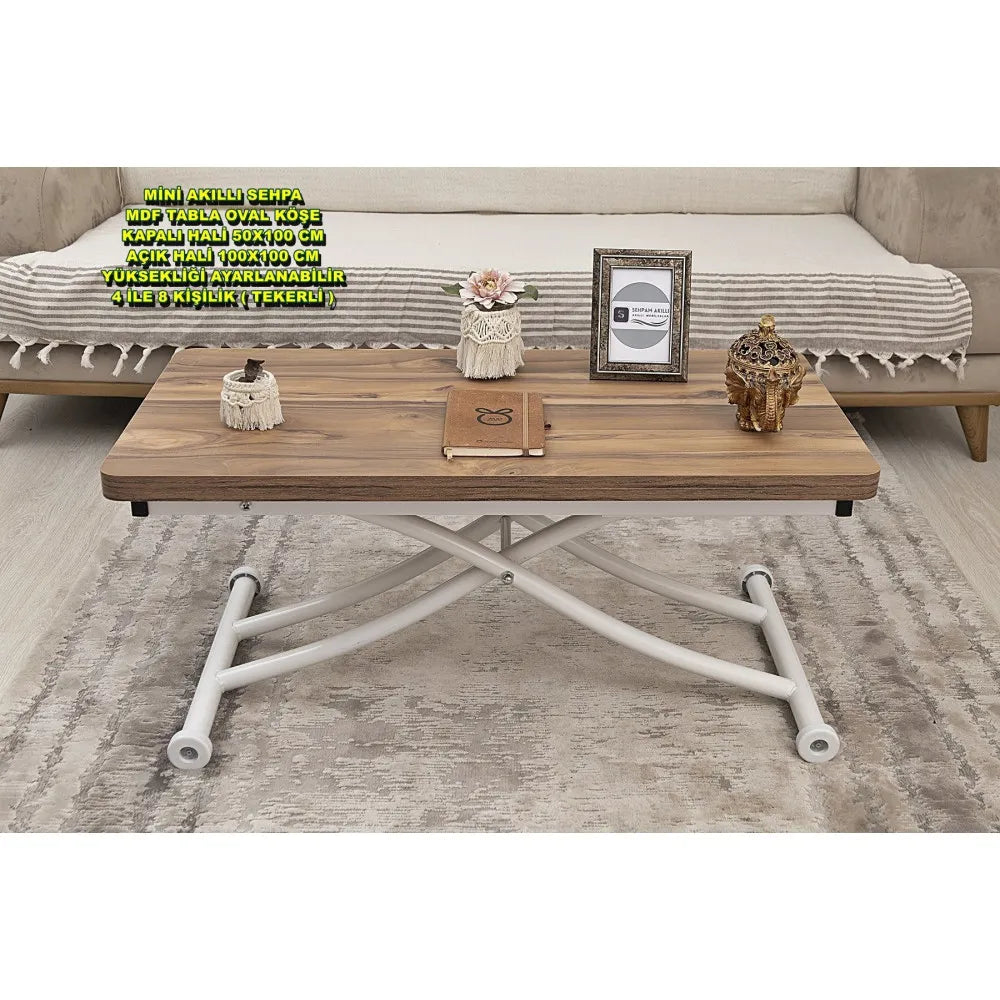 Mini Juppo İçe K Akıllı Sehpa Üst Tabla Mdf Urartu Oval Köşe Alt Ayak Beyaz Renk