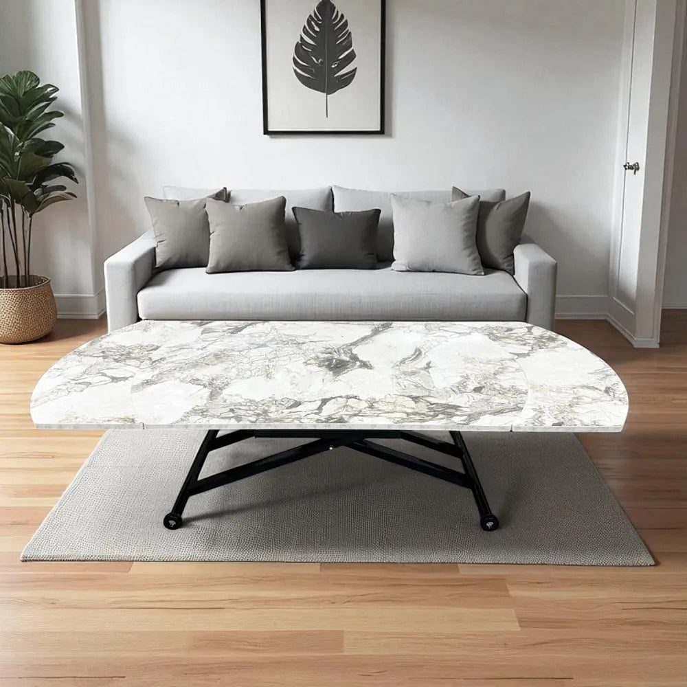 Oval Yan Baştan Açılır Akıllı Masa Üst Mdf Beyaz Mermer Desen Alt Ayak Siyah Renk