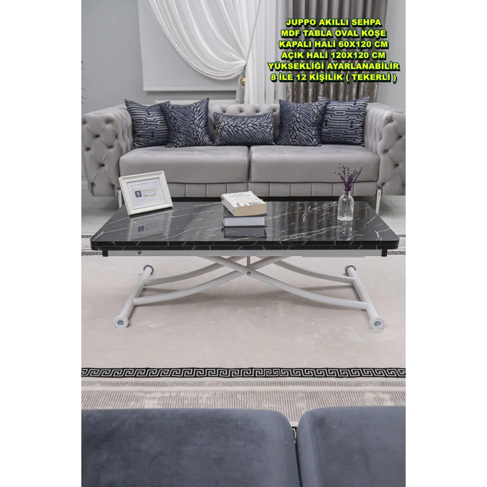 Juppo Üst Tabla Mdf Siyah Mermer Oval Köşe Alt Ayak Yuvarlak Beyaz İçe Kıvrım