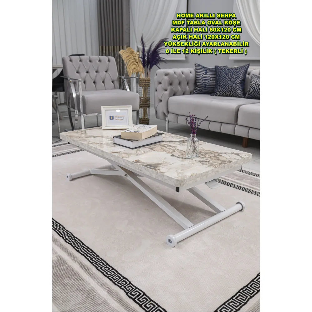 Home Üst Tabla Mdf Beyaz Mermer Oval Köşe Alt Ayak Beyaz Renk