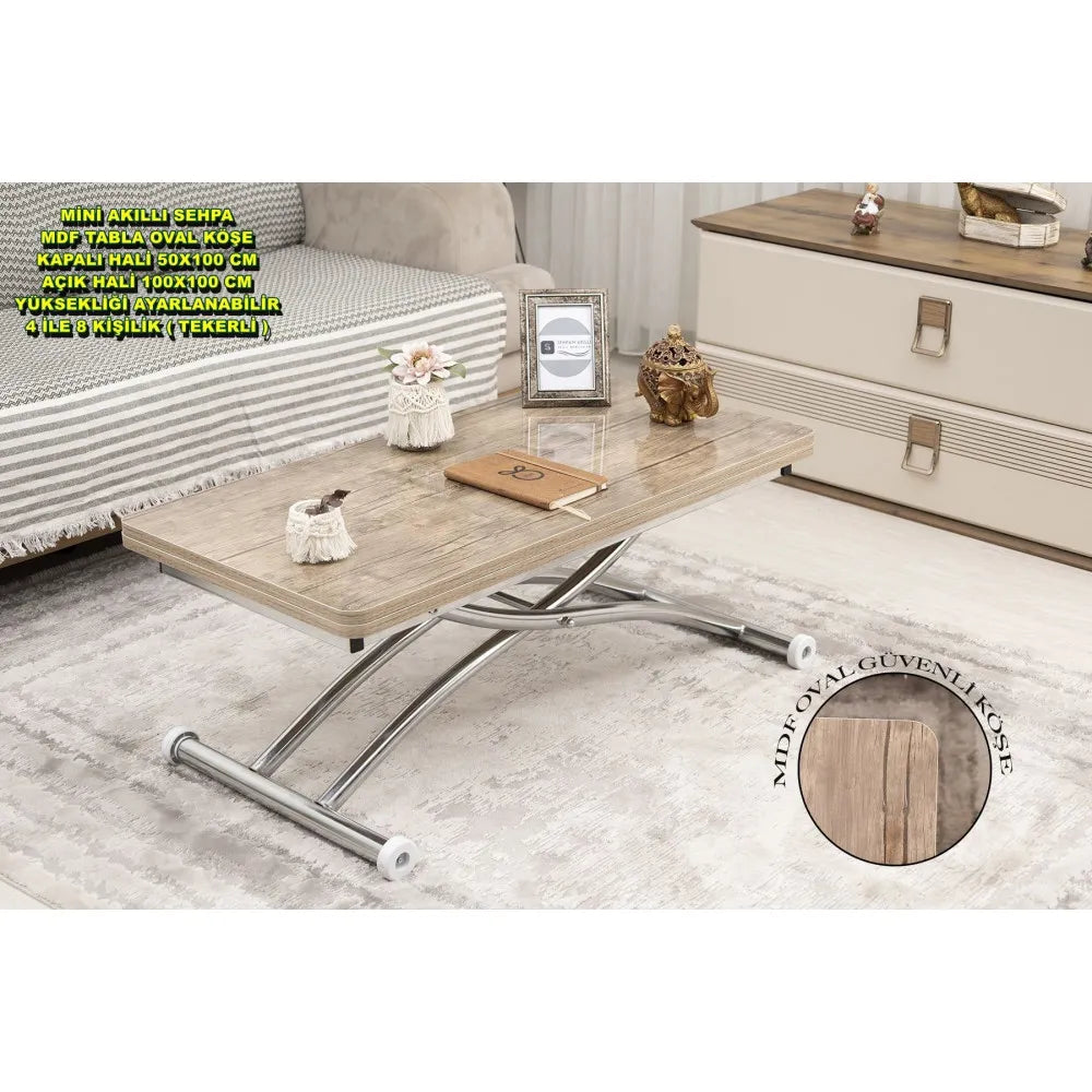 Mini Juppo Dışa K Akıllı Sehpa Üst Tabla Mdf Antiklayt Oval Köşe Alt Krom Kaplama