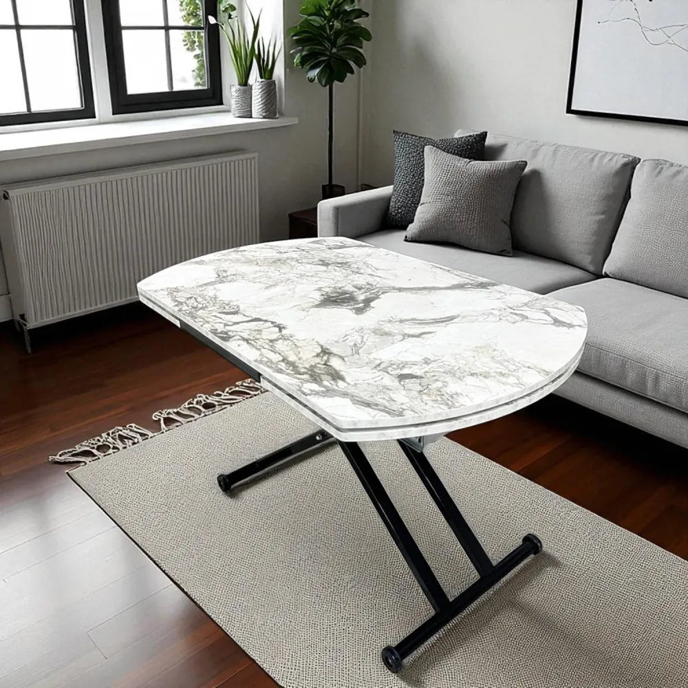 Oval Yan Baştan Açılır Akıllı Masa Üst Mdf Beyaz Mermer Desen Alt Ayak Siyah Renk