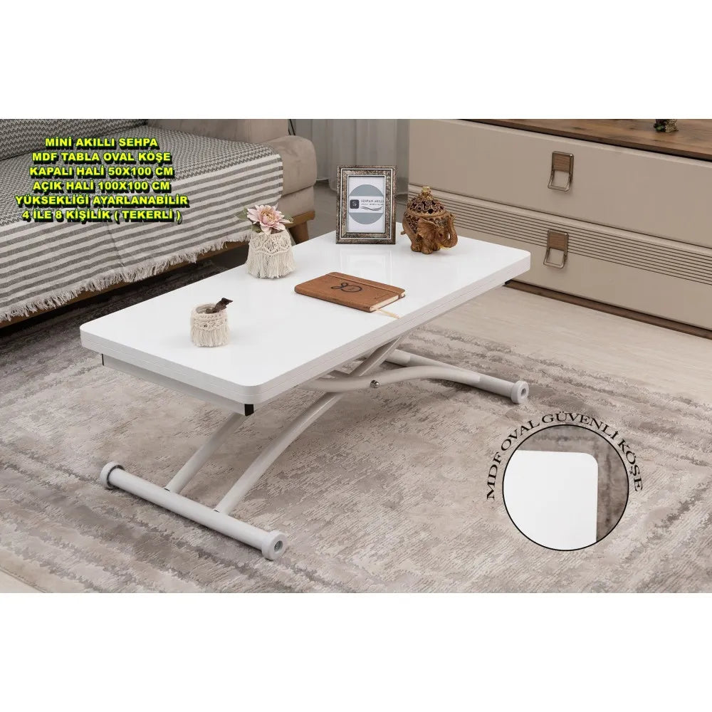 Mini Juppo Dışa K Akıllı Sehpa Üst Tabla Mdf Beyaz Oval Köşe Alt Beyaz Renk