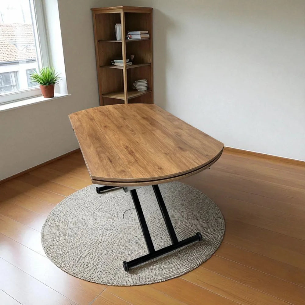 Oval Yan Baştan Açılır Akıllı Masa Üst Mdf Ceviz Alt Ayak Siyah Renk