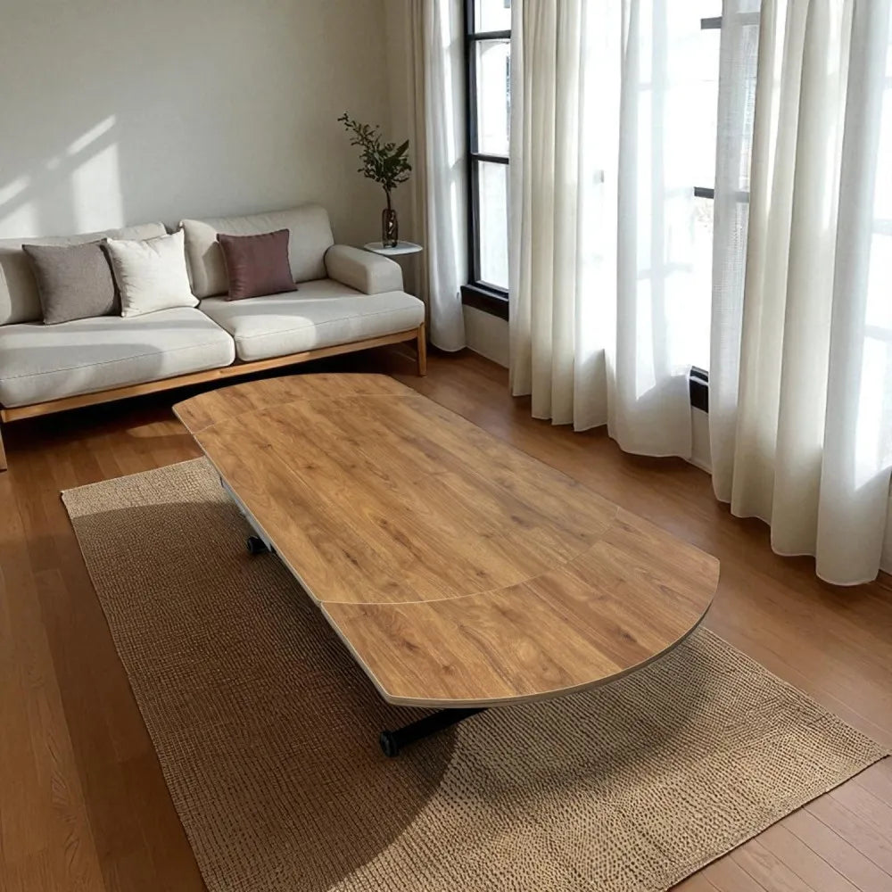 Oval Yan Baştan Açılır Akıllı Masa Üst Mdf Ceviz Alt Ayak Siyah Renk