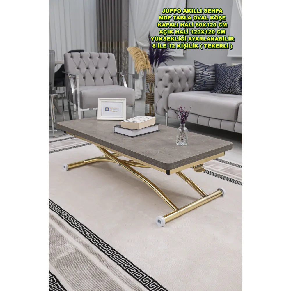 Juppo Üst Tabla Mdf Frezeli Latte Oval Köşe Alt Ayak Yuvarlak Gold Kaplama Dışa Kıvrım