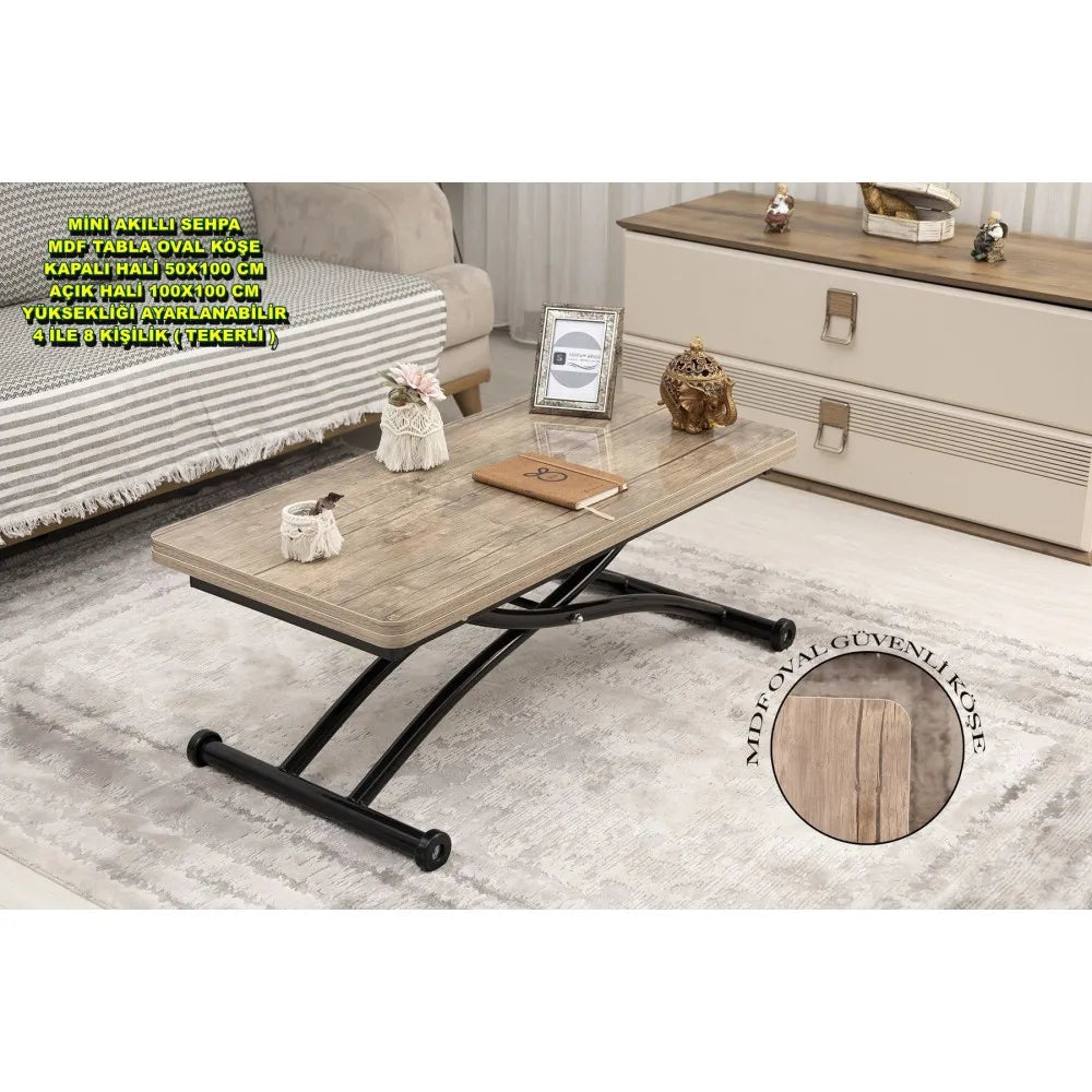 Mini Juppo Dışa K Akıllı Sehpa Üst Tabla Mdf Antiklayt Oval Köşe Alt Siyah Renk