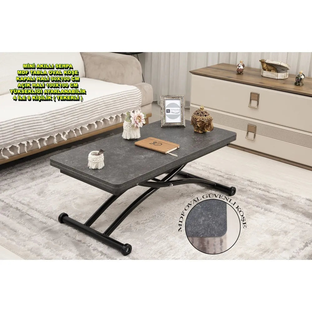 Mini Juppo Dışa K Akıllı Sehpa Üst Tabla Mdf Frezeli Antrasit Oval Köşe Alt Siyah Renk