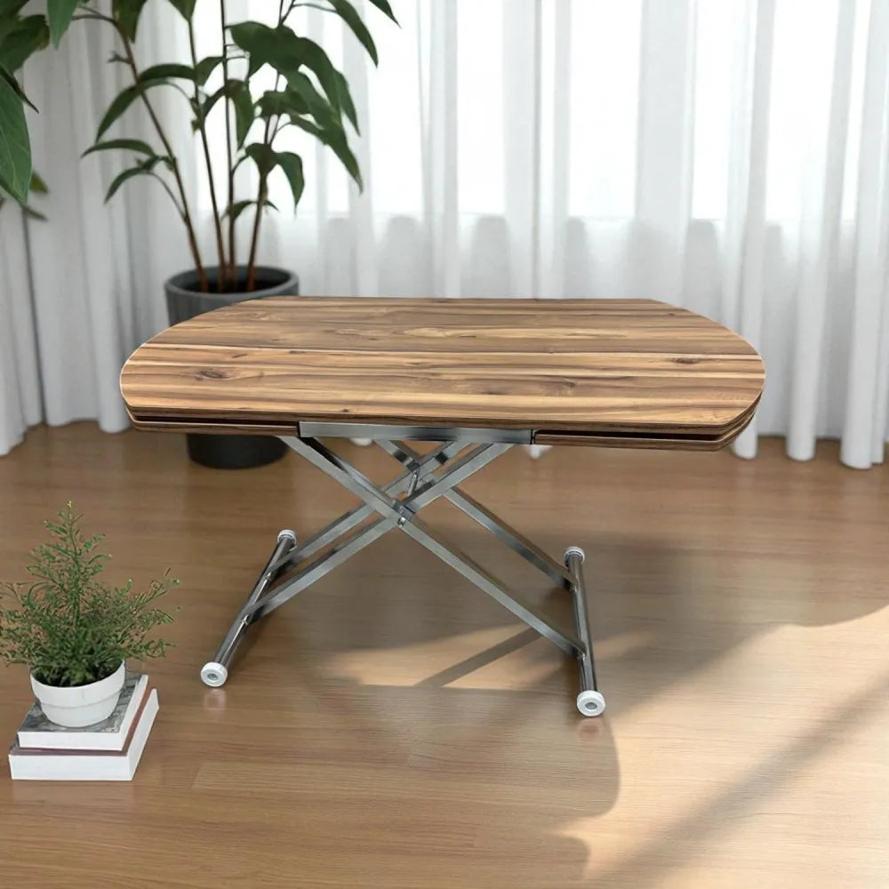 Oval Yan Baştan Açılır Akıllı Masa Üst Mdf Urartu Alt Ayak Krom Kaplama