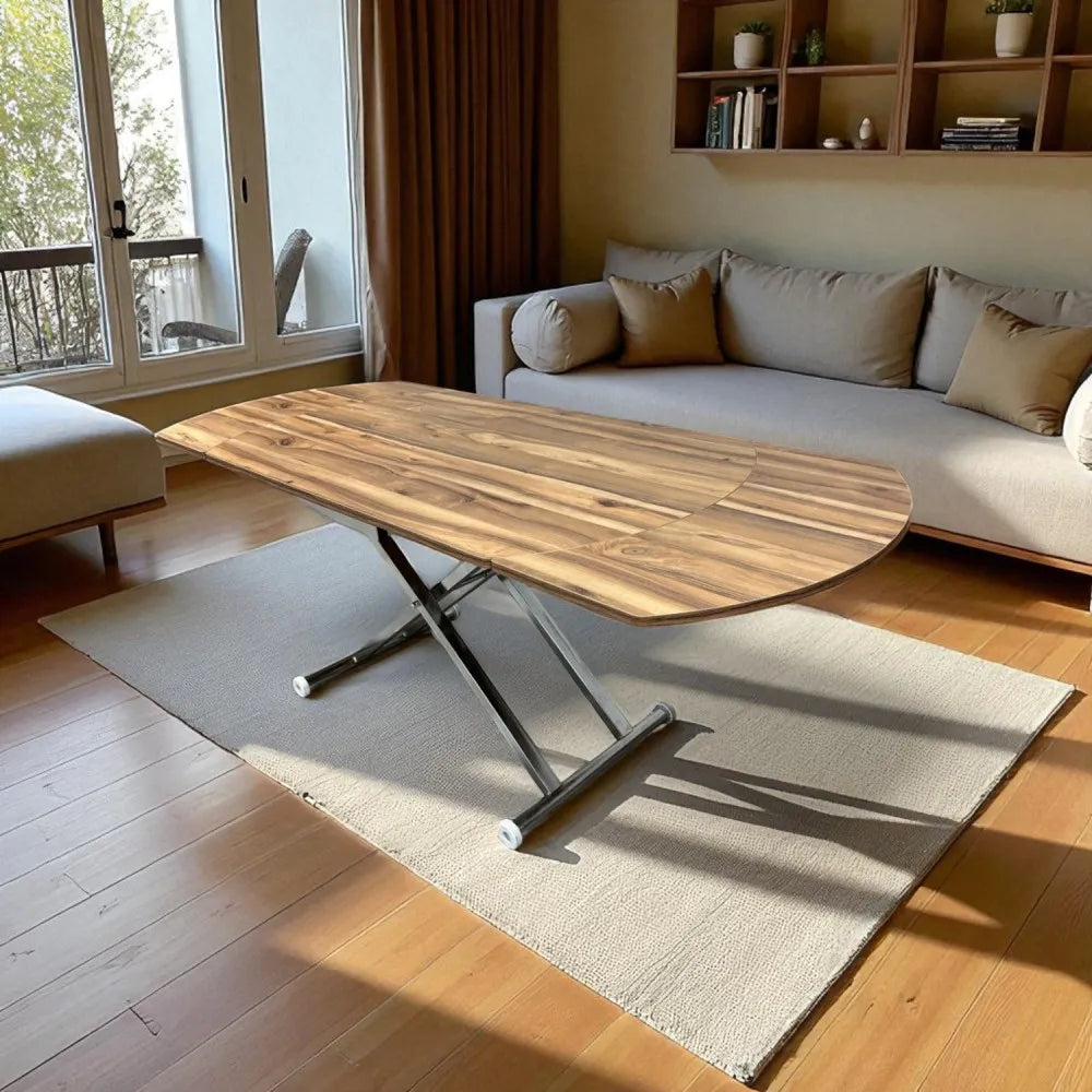 Oval Yan Baştan Açılır Akıllı Masa Üst Mdf Urartu Alt Ayak Krom Kaplama