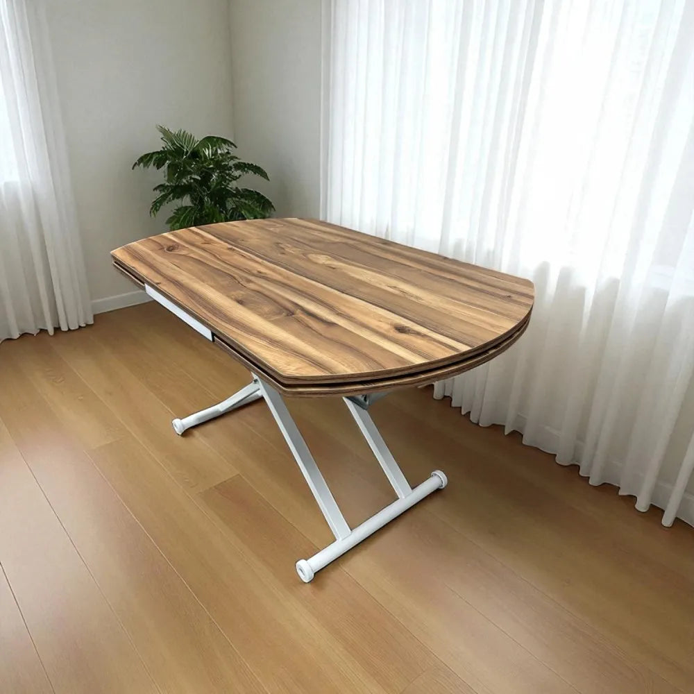 Oval Yan Baştan Açılır Akıllı Masa Üst Mdf Urartu Alt Ayak Beyaz Renk