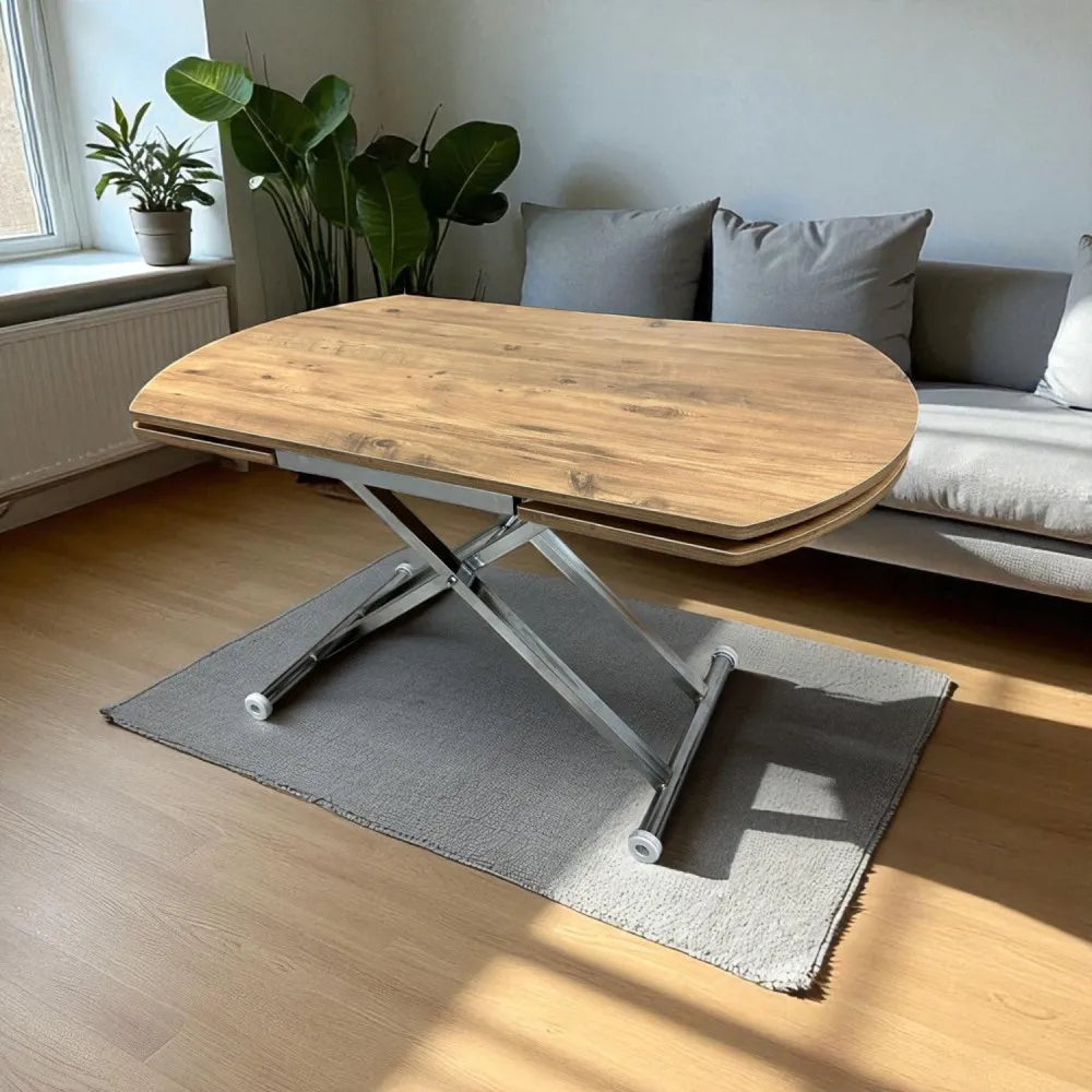 Oval Yan Baştan Açılır Akıllı Masa Üst Mdf Efesçam Alt Ayak Krom Kaplama