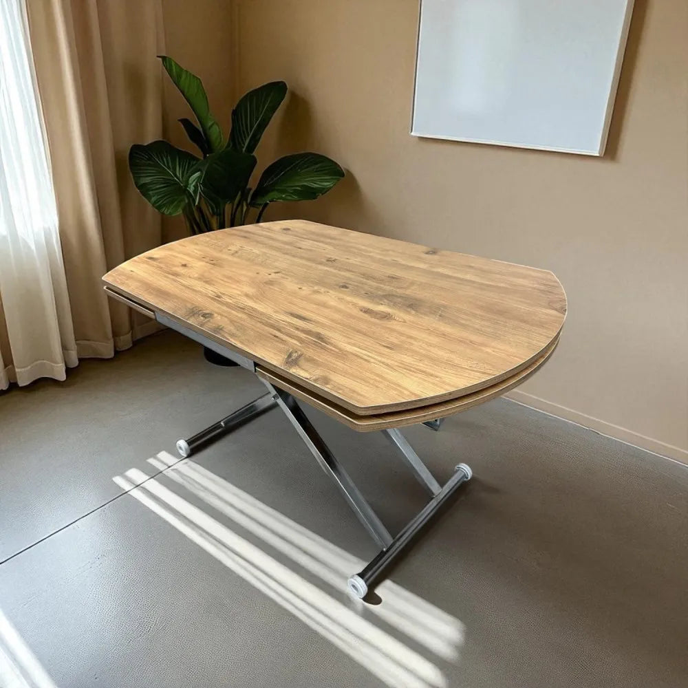 Oval Yan Baştan Açılır Akıllı Masa Üst Mdf Efesçam Alt Ayak Krom Kaplama