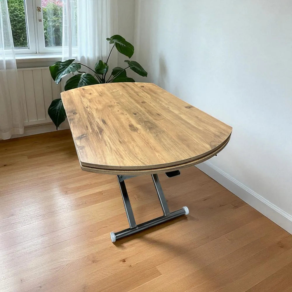 Oval Yan Baştan Açılır Akıllı Masa Üst Mdf Efesçam Alt Ayak Krom Kaplama