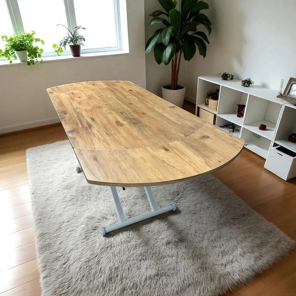 Oval Yan Baştan Açılır Akıllı Masa Üst Mdf Efesçam Alt Ayak Beyaz Renk