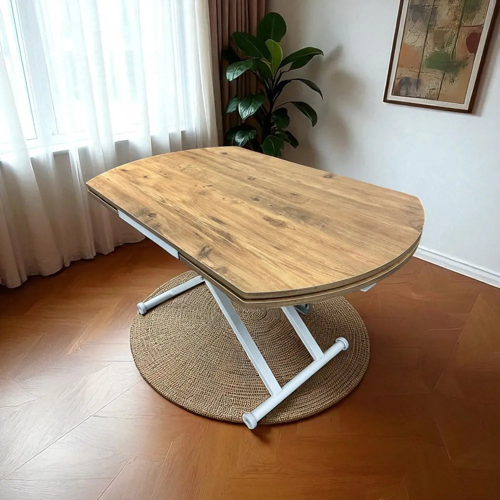 Oval Yan Baştan Açılır Akıllı Masa Üst Mdf Efesçam Alt Ayak Beyaz Renk