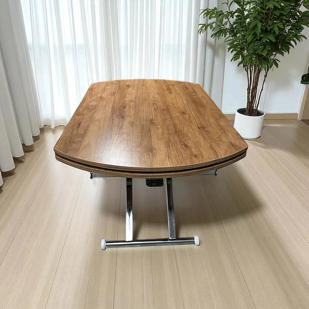 Oval Yan Baştan Açılır Akıllı Masa Üst Mdf Ceviz Alt Ayak Krom Kaplama