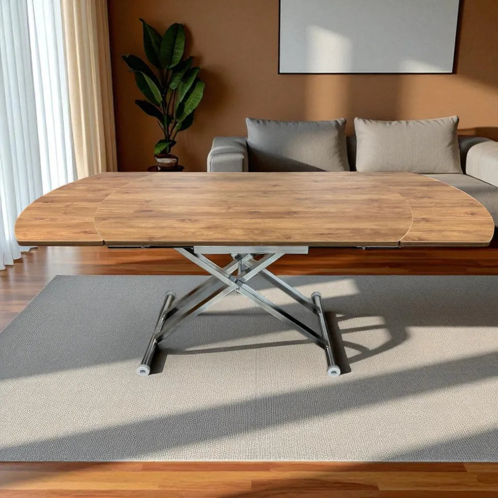 Oval Yan Baştan Açılır Akıllı Masa Üst Mdf Ceviz Alt Ayak Krom Kaplama