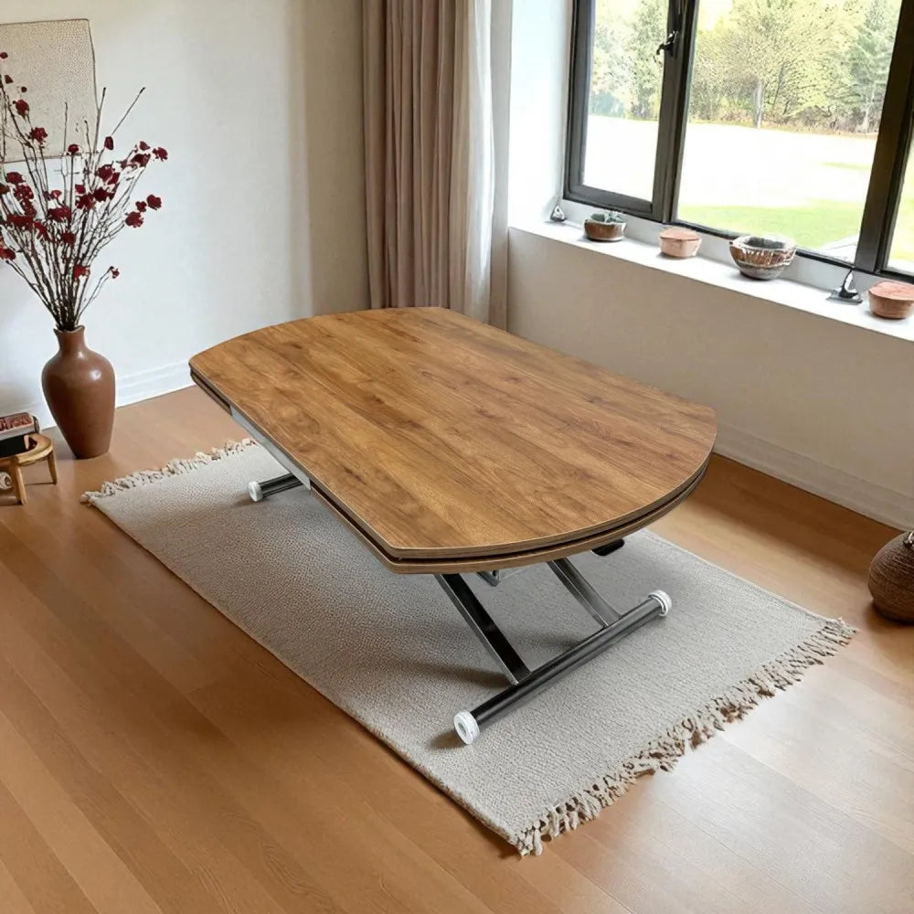 Oval Yan Baştan Açılır Akıllı Masa Üst Mdf Ceviz Alt Ayak Krom Kaplama