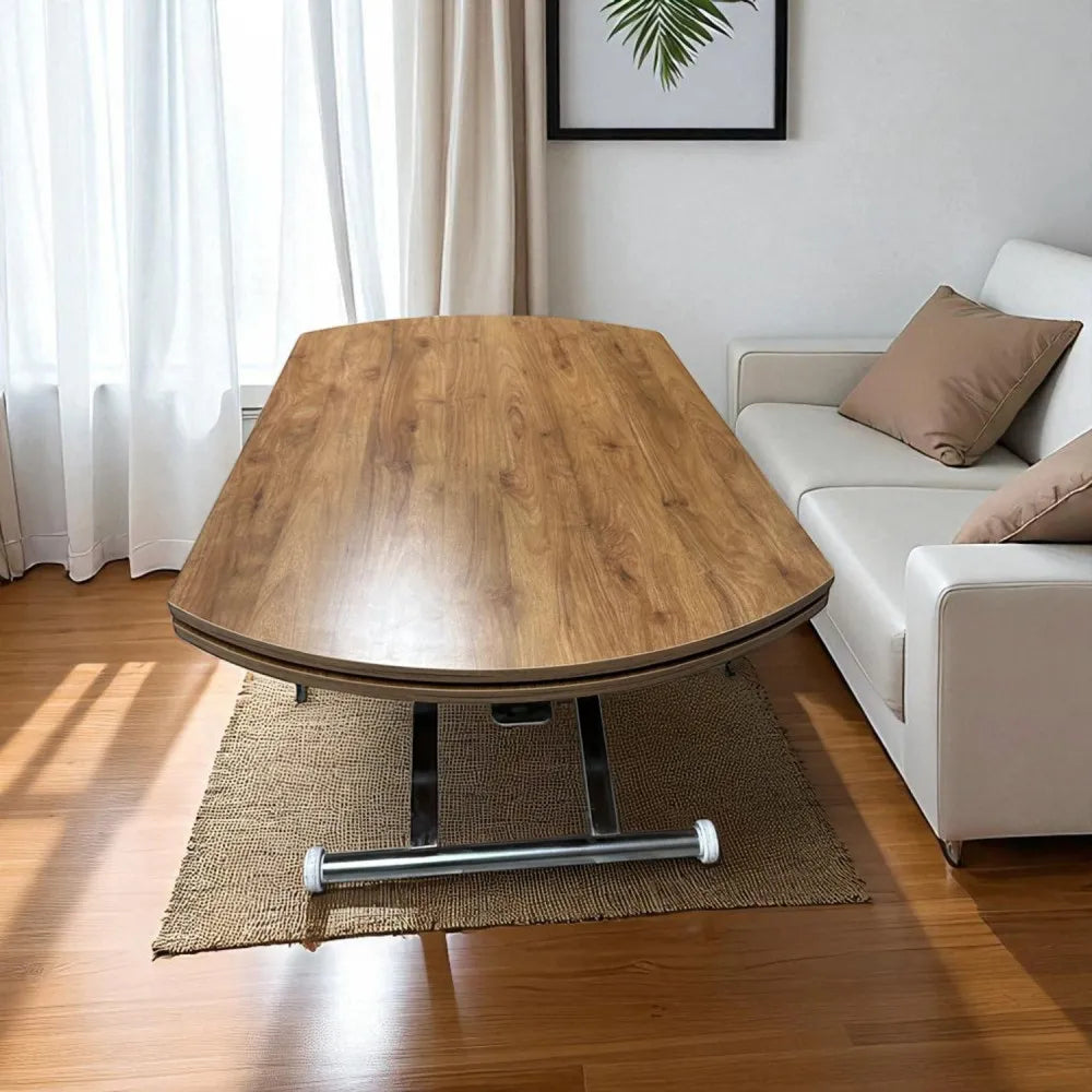 Oval Yan Baştan Açılır Akıllı Masa Üst Mdf Ceviz Alt Ayak Krom Kaplama