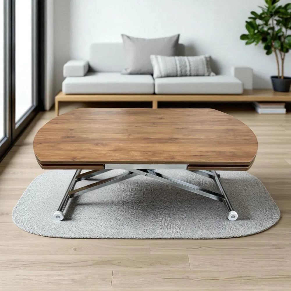 Oval Yan Baştan Açılır Akıllı Masa Üst Mdf Ceviz Alt Ayak Krom Kaplama