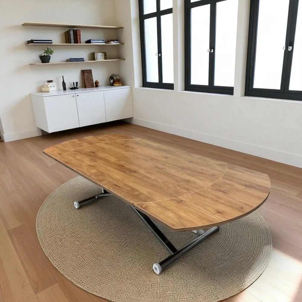 Oval Yan Baştan Açılır Akıllı Masa Üst Mdf Ceviz Alt Ayak Krom Kaplama