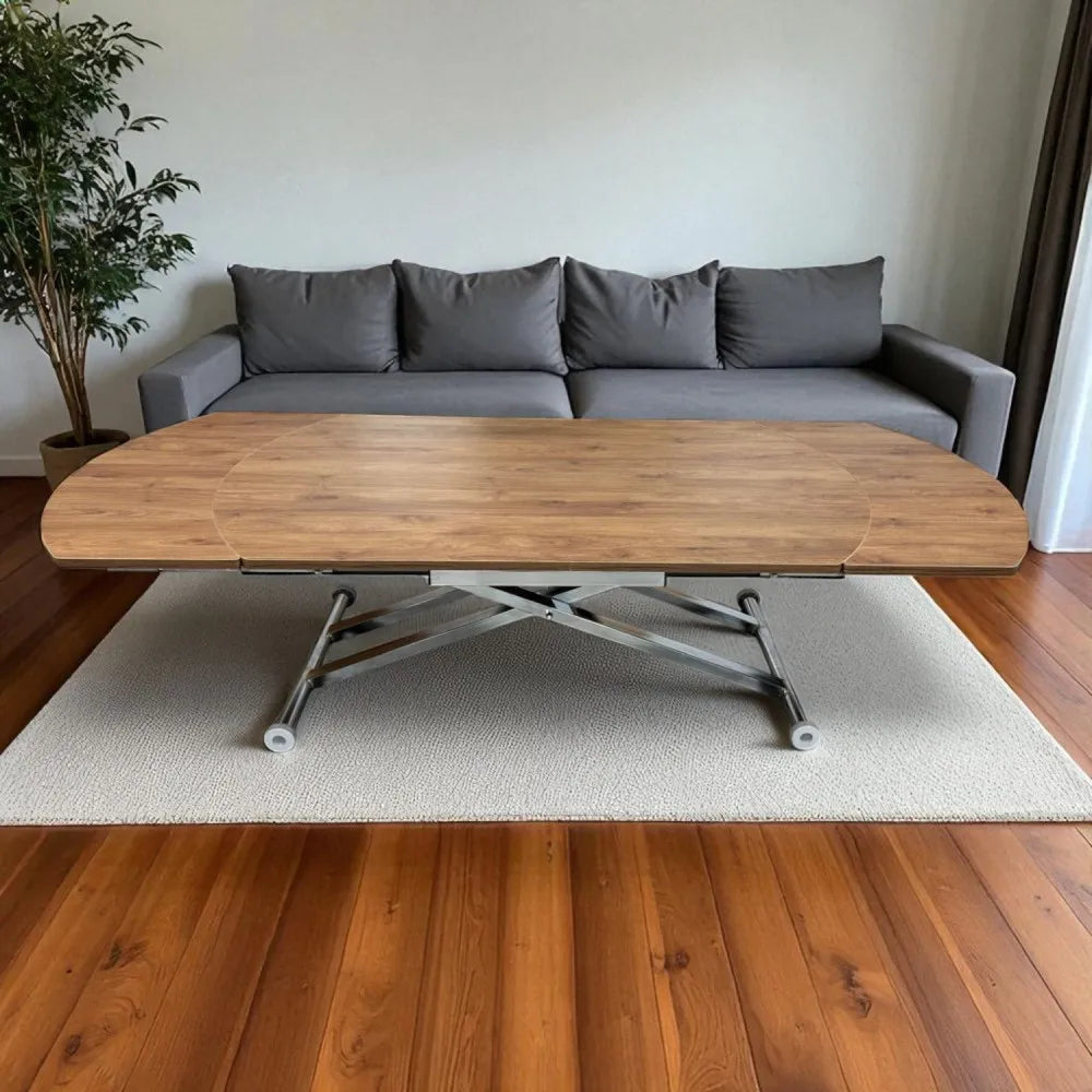 Oval Yan Baştan Açılır Akıllı Masa Üst Mdf Ceviz Alt Ayak Krom Kaplama