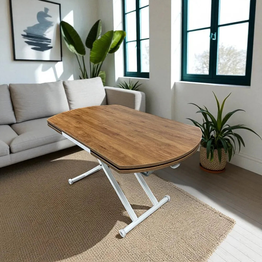 Oval Yan Baştan Açılır Akıllı Masa Üst Mdf Ceviz Alt Ayak Beyaz Renk