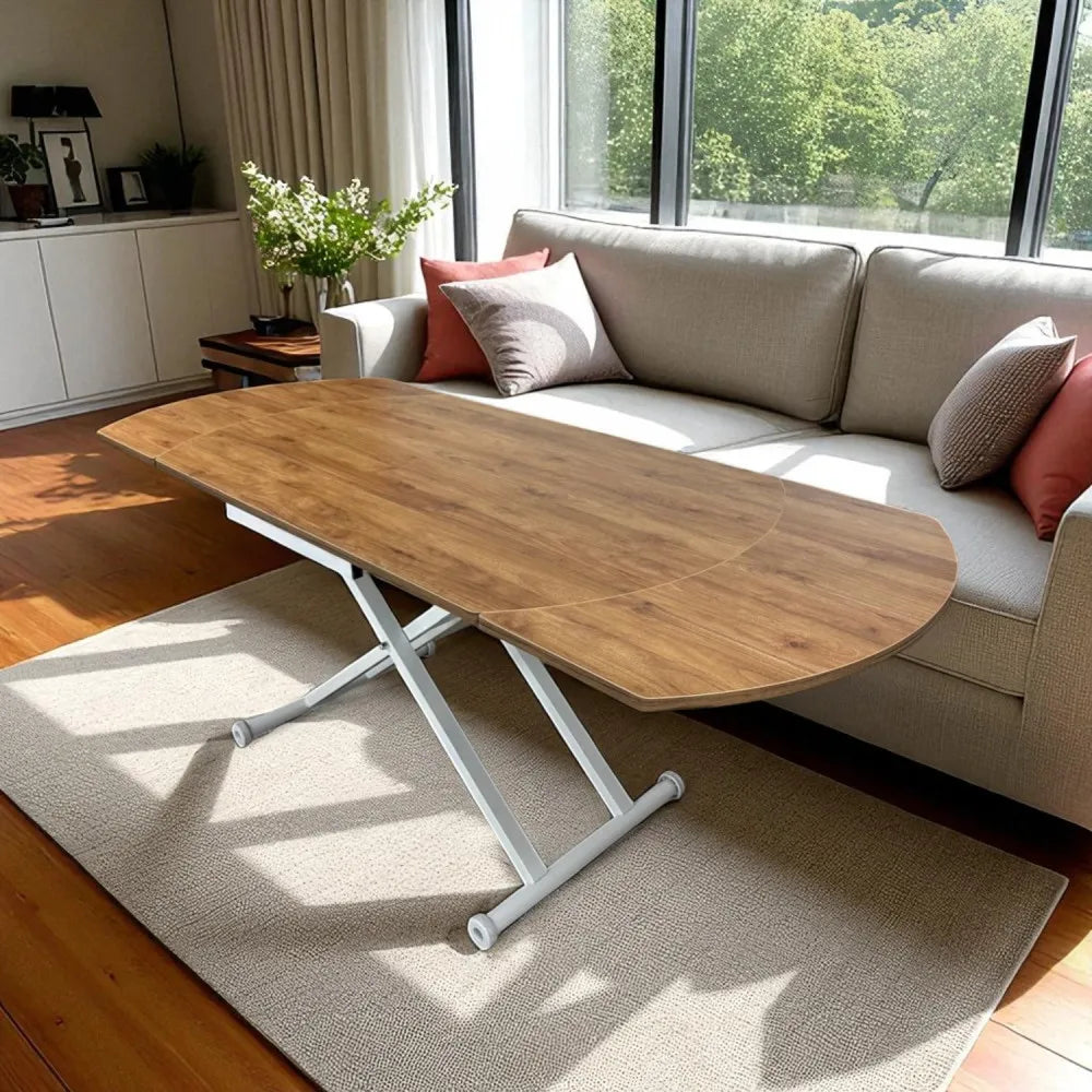 Oval Yan Baştan Açılır Akıllı Masa Üst Mdf Ceviz Alt Ayak Beyaz Renk