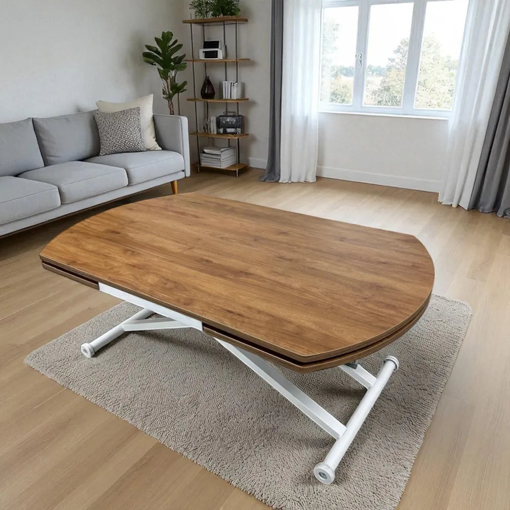 Oval Yan Baştan Açılır Akıllı Masa Üst Mdf Ceviz Alt Ayak Beyaz Renk