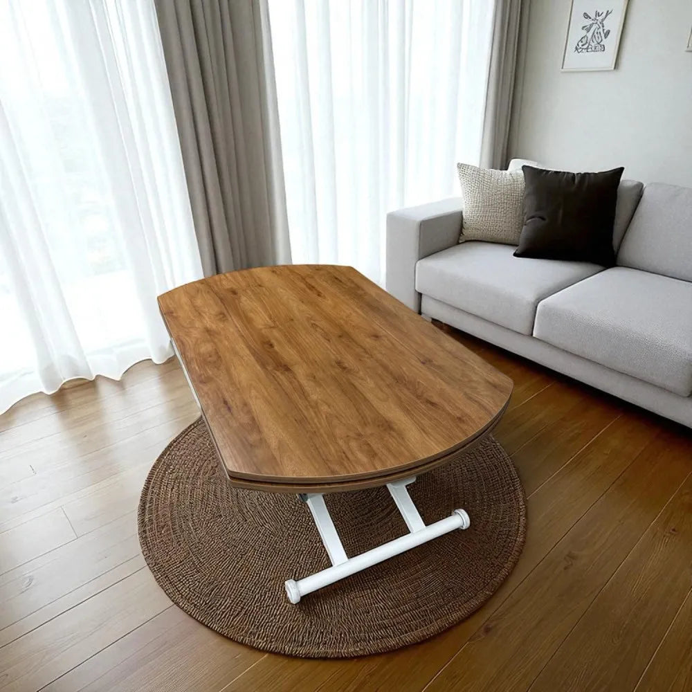 Oval Yan Baştan Açılır Akıllı Masa Üst Mdf Ceviz Alt Ayak Beyaz Renk