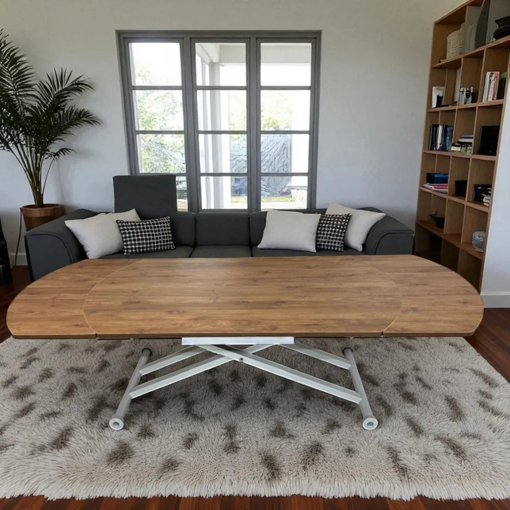 Oval Yan Baştan Açılır Akıllı Masa Üst Mdf Ceviz Alt Ayak Beyaz Renk