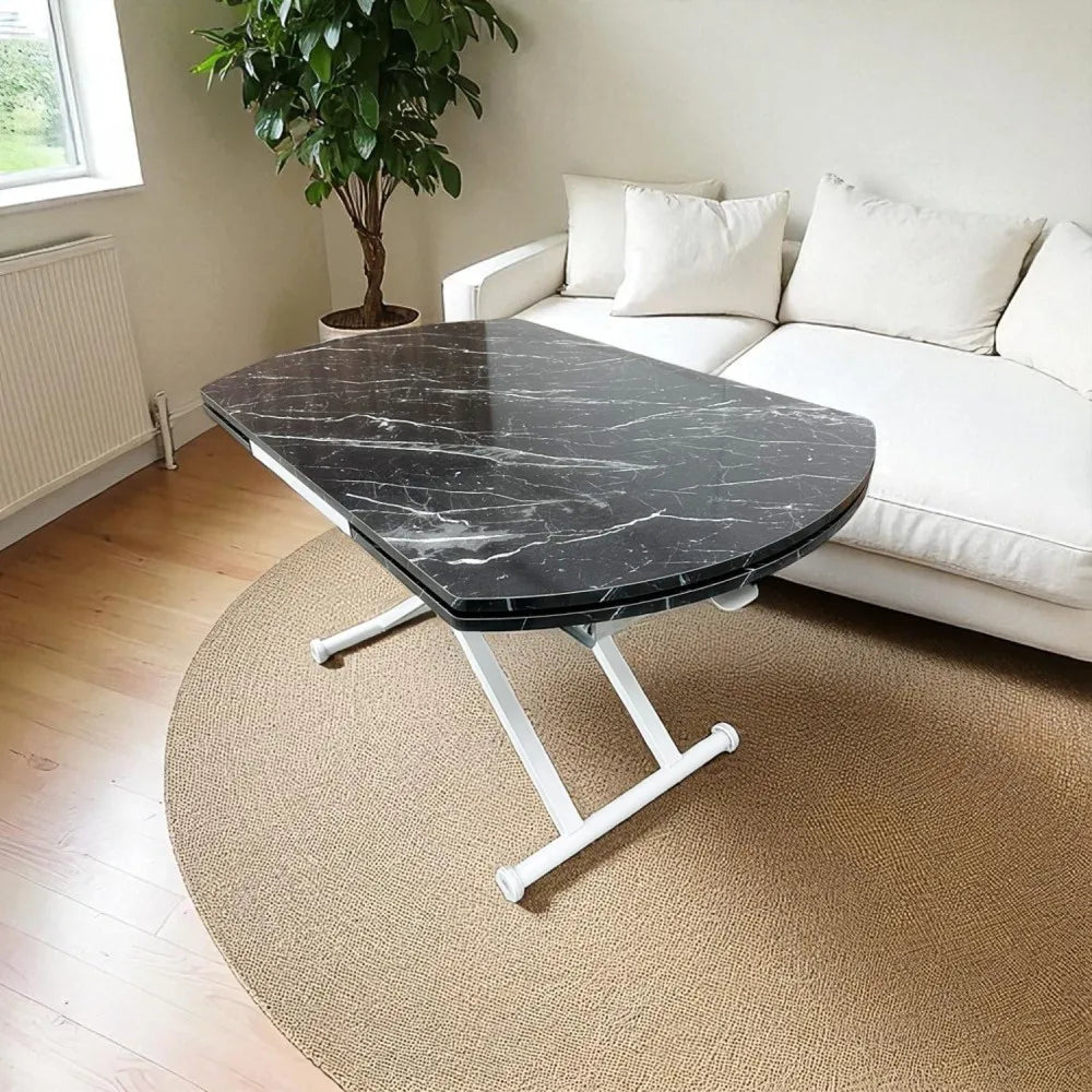 Oval Yan Baştan Açılır Akıllı Masa Üst Mdf Siyah Mermer Desen Alt Ayak Beyaz Renk