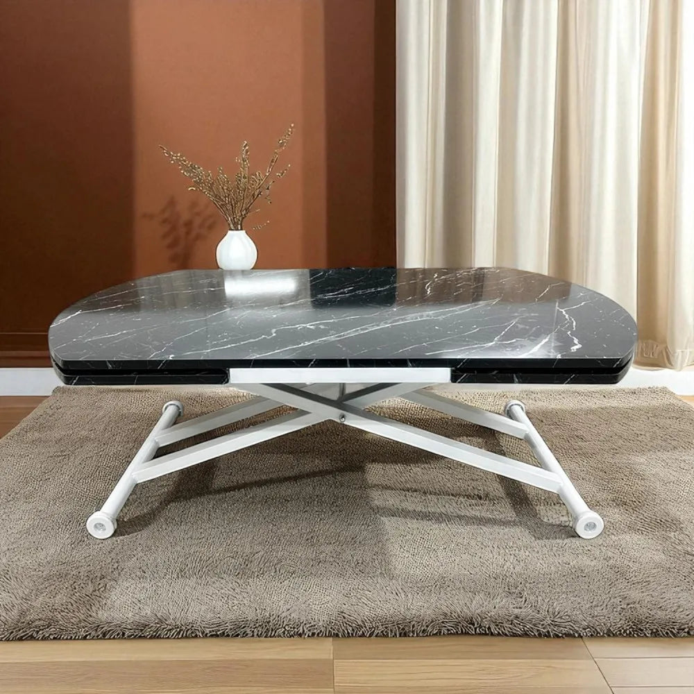 Oval Yan Baştan Açılır Akıllı Masa Üst Mdf Siyah Mermer Desen Alt Ayak Beyaz Renk