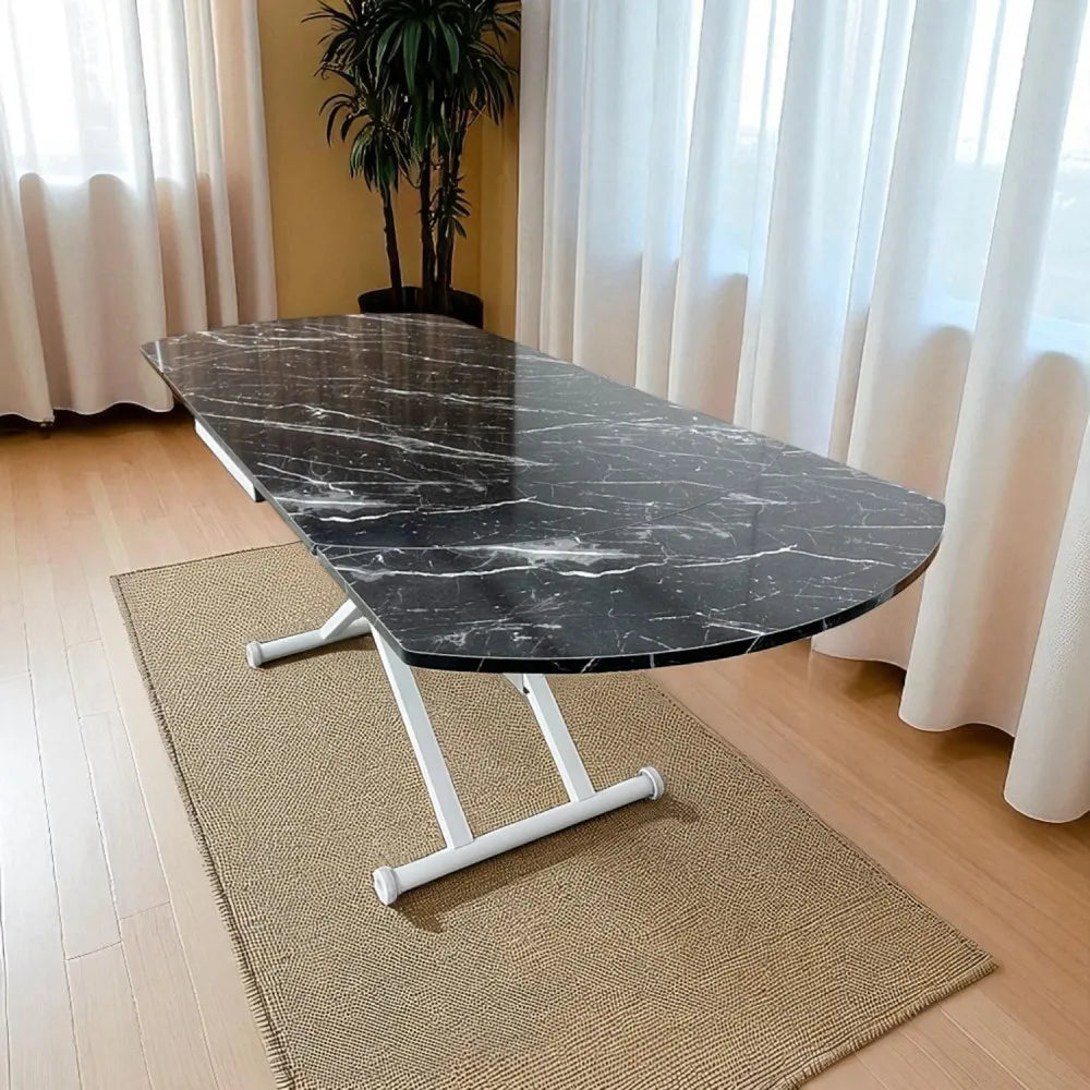 Oval Yan Baştan Açılır Akıllı Masa Üst Mdf Siyah Mermer Desen Alt Ayak Beyaz Renk