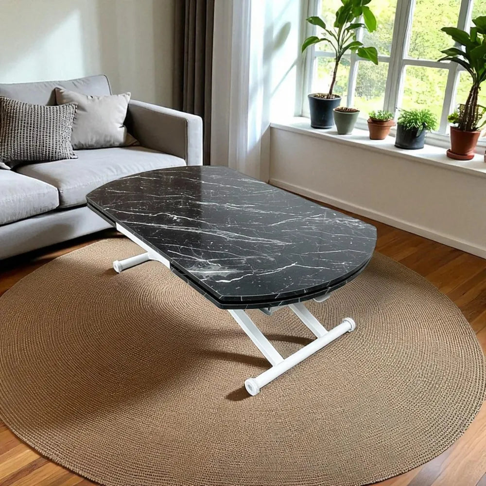 Oval Yan Baştan Açılır Akıllı Masa Üst Mdf Siyah Mermer Desen Alt Ayak Beyaz Renk