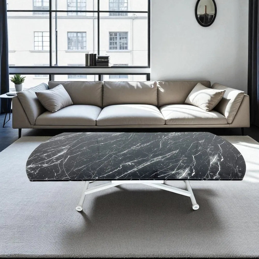 Oval Yan Baştan Açılır Akıllı Masa Üst Mdf Siyah Mermer Desen Alt Ayak Beyaz Renk