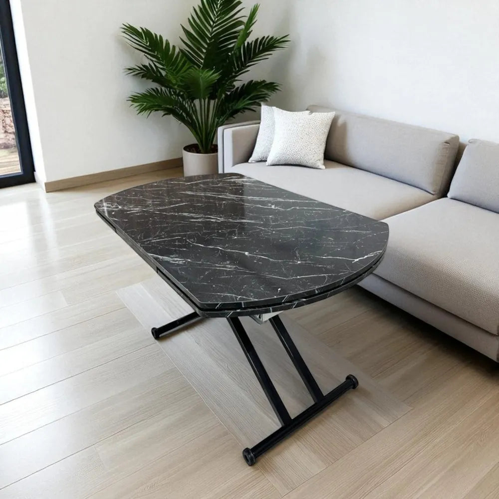 Oval Yan Baştan Açılır Akıllı Masa Üst Mdf Siyah Mermer Desen Alt Ayak Siyah Renk