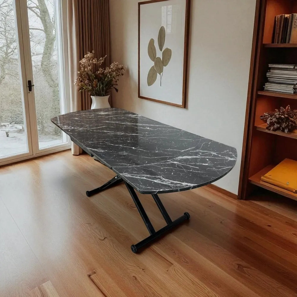 Oval Yan Baştan Açılır Akıllı Masa Üst Mdf Siyah Mermer Desen Alt Ayak Siyah Renk