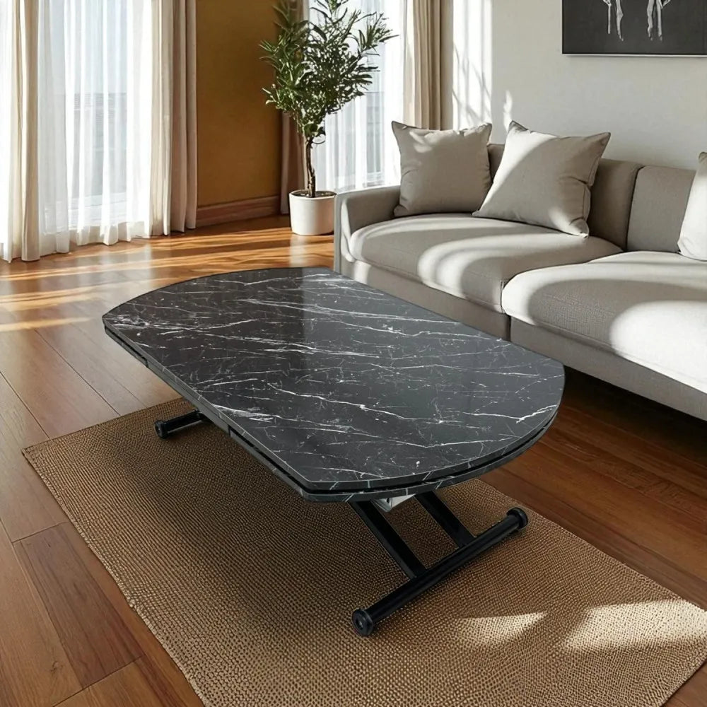 Oval Yan Baştan Açılır Akıllı Masa Üst Mdf Siyah Mermer Desen Alt Ayak Siyah Renk