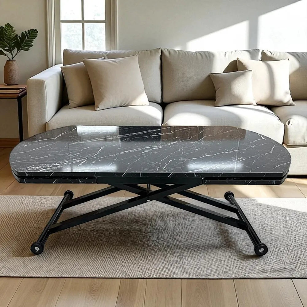 Oval Yan Baştan Açılır Akıllı Masa Üst Mdf Siyah Mermer Desen Alt Ayak Siyah Renk